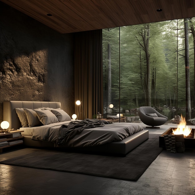 illustratie van hyperrealistisch modern huis interieur slaapkamer donkere wo