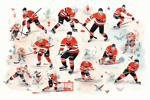 Illustratie van ijshockeyspelers op een witte achtergrond