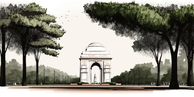 illustratie van India gate in New Delhi op abstracte vlag tricolor achtergrond AI gegenereerd
