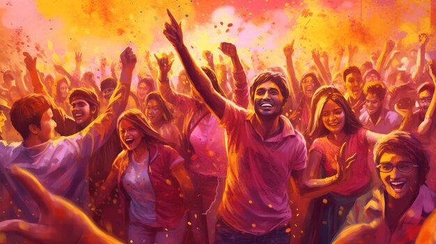 Illustratie van Indiërs die het Holi-feest vieren. Geluk. Kleurrijk poeder op de achtergrond.
