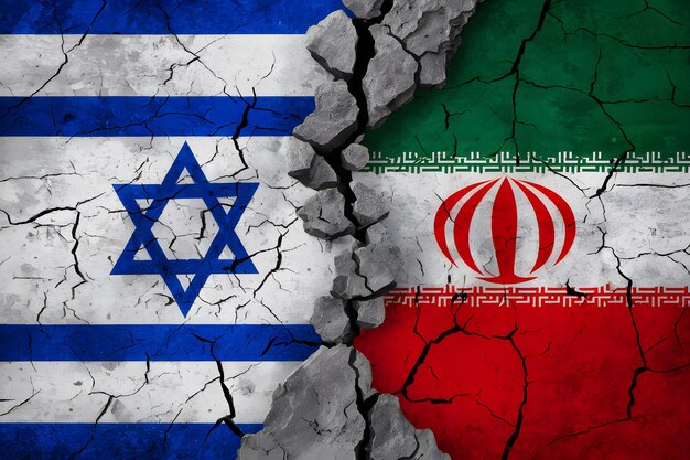 Illustratie van internationaal conflict Israëlische en Iraanse vlaggen op een gebroken muur