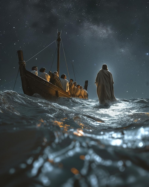 Foto illustratie van jezus die op het water loopt en de discipelen in de door ai gegenereerde boot