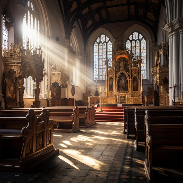 illustratie van kerkinterieur met blootstelling aan licht