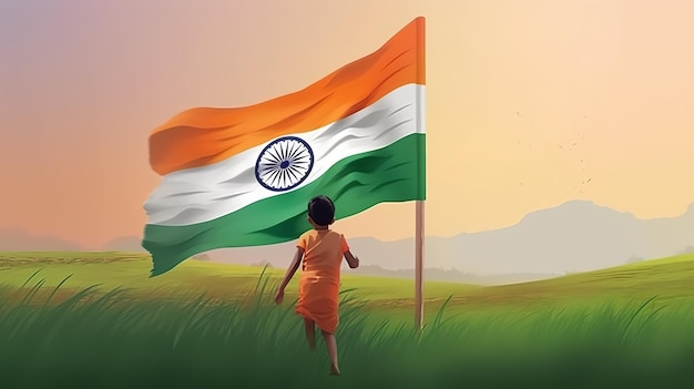 Illustratie van kind met Indiase vlag voor Onafhankelijkheidsdag India en republiek dag Generative Ai