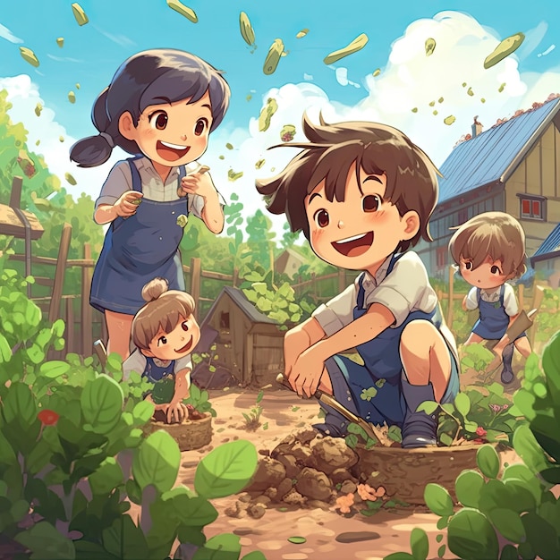 Illustratie van kinderen die buitenshuis samen spelen cartoon