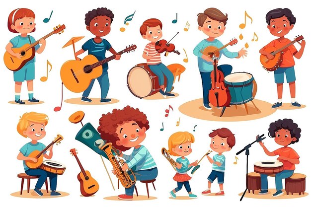 Foto illustratie van kinderen die muziekinstrumenten spelen hobbies en interesses