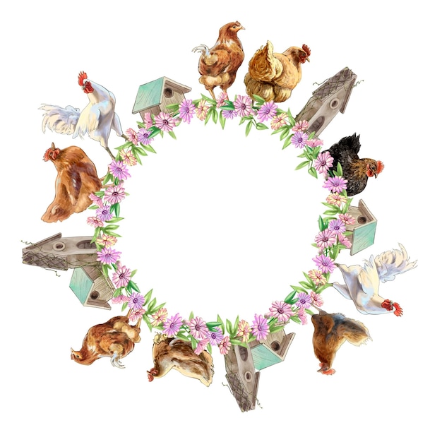Illustratie van kippen met een cirkel van bloemen