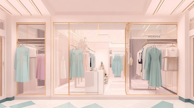 illustratie van kledingwinkel van luxe kleding ingericht in pastelkleuren interieur