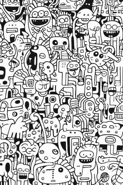 Illustratie van kleurboek doodle crowd schattig buitenaards monster gecreëerd met Generative AI technologie