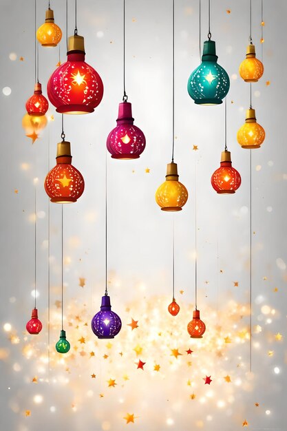 Foto illustratie van kleurrijke lantaarns op een witte achtergrond met confetti