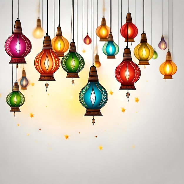 Illustratie van kleurrijke lantaarns op een witte achtergrond met confetti