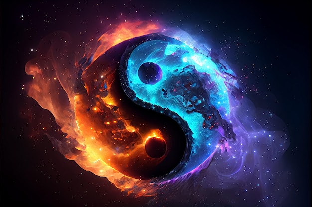 Illustratie van kosmisch yin yang concept tao-symbool met regenbooggloed ai