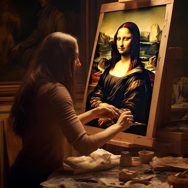 Illustratie van Leonardo da Vinci die de Mona Lisa schilderde