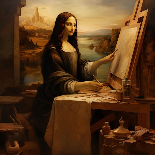 Illustratie van Leonardo da Vinci die de Mona Lisa schilderde