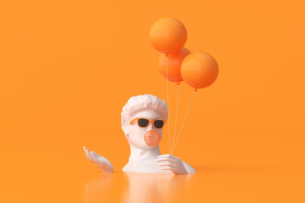 Illustratie van man sculptuur met zonnebril houdt ballonnen op oranje achtergrond. 3D-rendering.