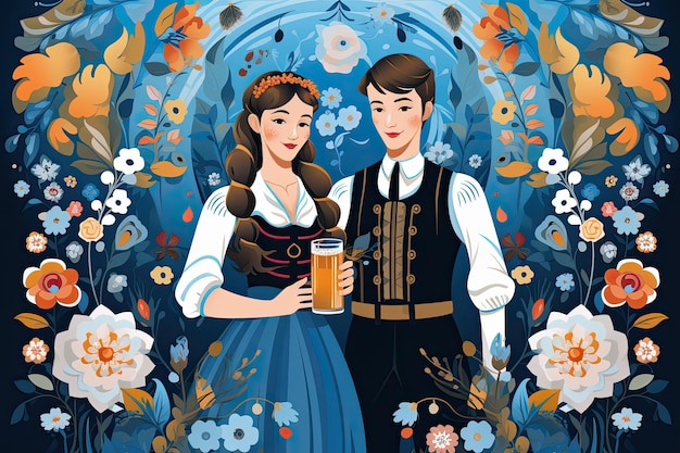 Illustratie van mannen en vrouwen die bier houden en het Oktoberfest vieren
