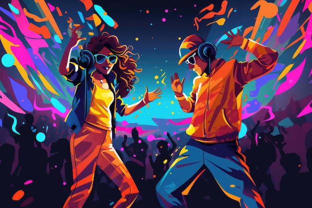 Illustratie van meisje en jongen die dansen op een rave-neonfeest