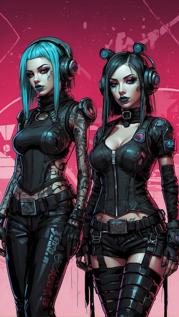 Illustratie van meisjes gekleed in Cybergoth Emofashion stijl