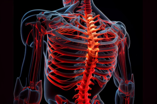 Illustratie van menselijke stekelruggengraat in rode kleurenpijn en ziek concept AI