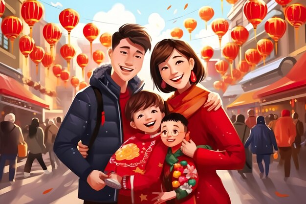 illustratie van mensen die het Chinese Nieuwjaar vieren Lunar Nieuwjaar op straat