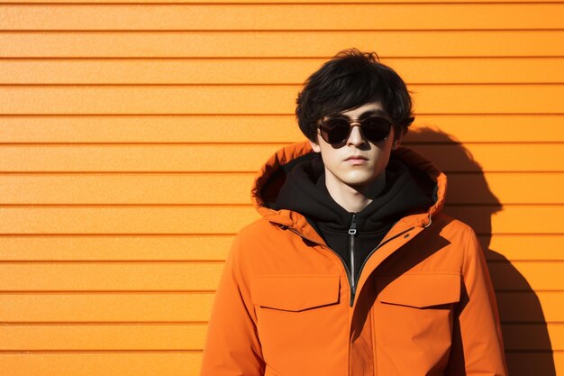 illustratie van mode jonge man in een oranje jas leunend tegen een achtergrond