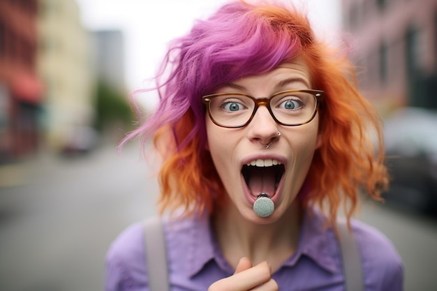 Foto illustratie van mode vrouw met kleurrijk haar met opgewonden uitdrukking poseert op een achtergrond