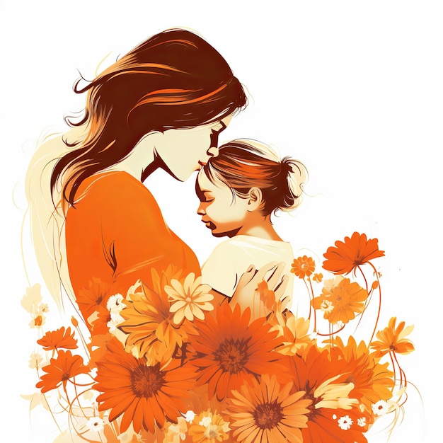 Illustratie van moeder met haar kleine kind bloem op de achtergrond moederdag dochter geïsoleerd op witte achtergrond Generatieve ai