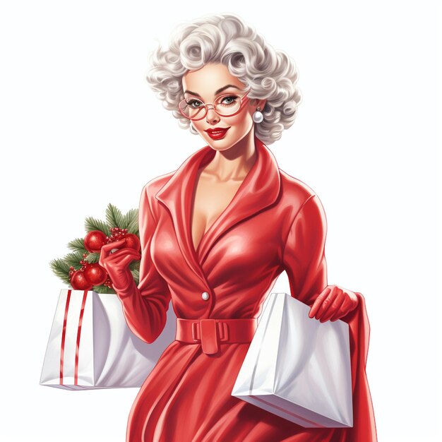 illustratie van mooie mevrouw Claus die geschenken draagt kerstmeisje kerstkaart kerstvrouw