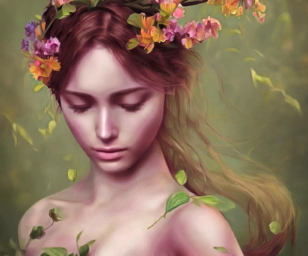 Illustratie van mooie vrouw met bloemen in haar portret schilderij op papier canvas Generatieve AI