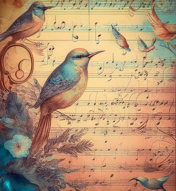 Illustratie van muzieknoten en vogelgezang in pastelkleuren