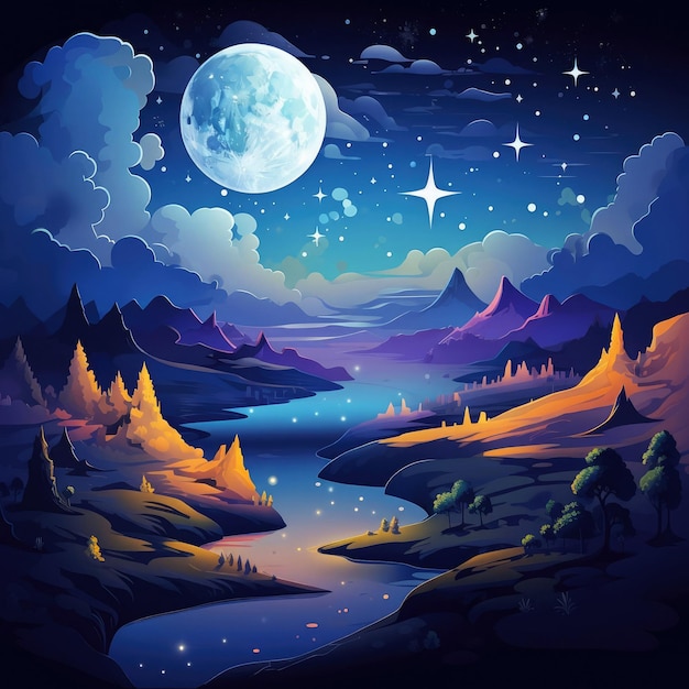 Foto illustratie van nachtlandschap berglandschap met grote maan