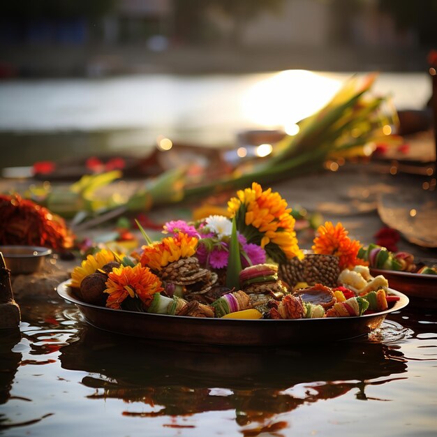 illustratie van offers aan God tijdens het Chhath Puja-festival