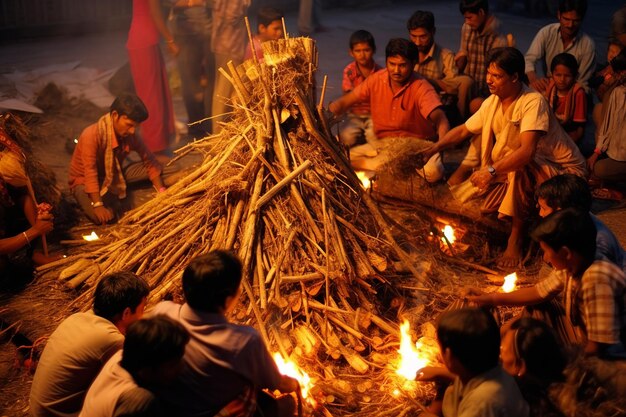 Foto illustratie van ongezonde mensen die holika dahan vieren generative ai