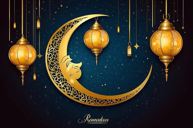 illustratie van ornamentele gouden halve maan met lantaarn op ramadan kareem achtergrond