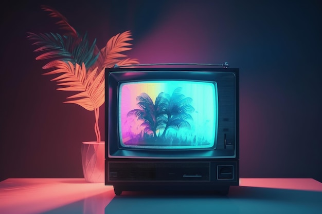 Illustratie van oude tv retro jaren 80 en 90 stijl vaporwave generatieve AI