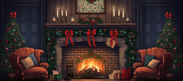 Illustratie van oude woonkamer met kerstdecor met open haard Kerstboom en geschenken AI