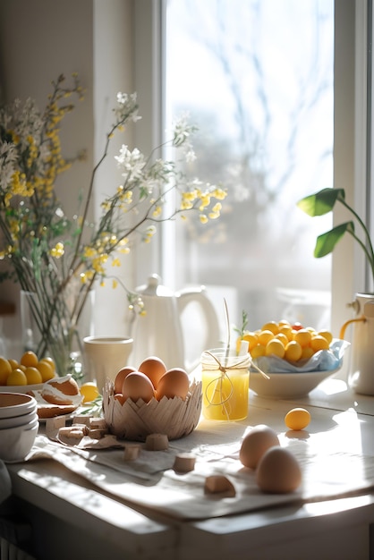 Illustratie van Paaszondagbrunch bij het raam Paasochtend met voedsel beschilderde eieren en bloemen Generatieve AI