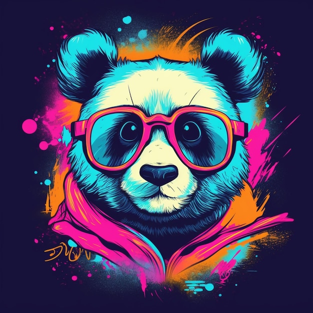 illustratie van panda met bril in neonkleuren t-shirt print generatieve AI