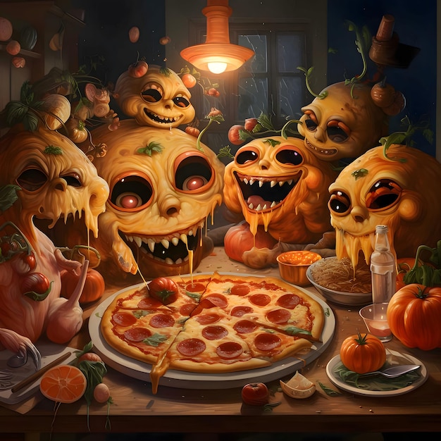Illustratie van pizza op een tafel omringd door hongerige monsters