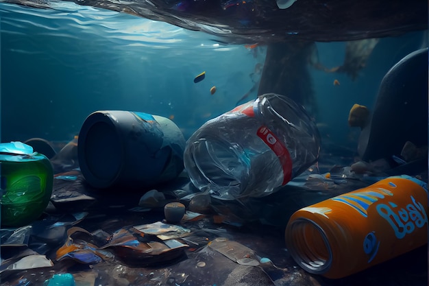 Illustratie van plastic flessenafval dat in het zeewater AI drijft