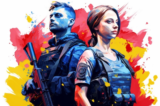 illustratie van portret man en vrouw van Oekraïense soldaten op kleurrijke achtergrond