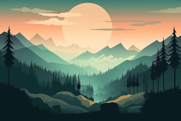 illustratie van prachtig berglandschap met mist en boszonsopgang en zonsondergang