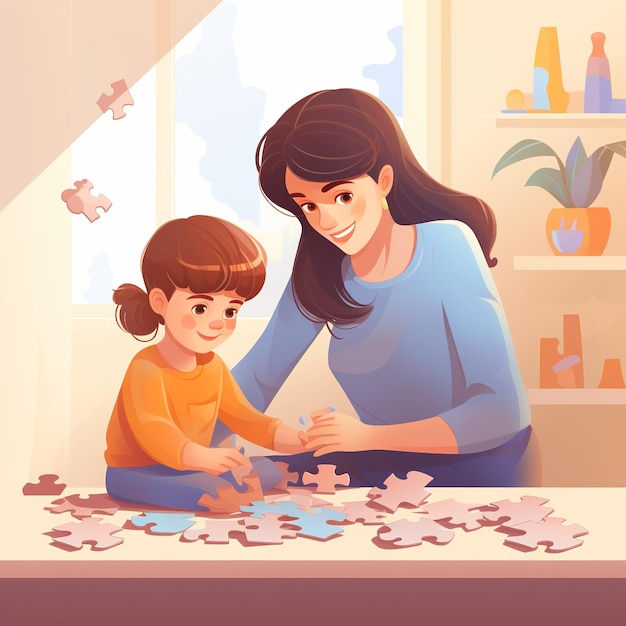 illustratie van puzzeloplossende moeder zorgt thuis voor de baby