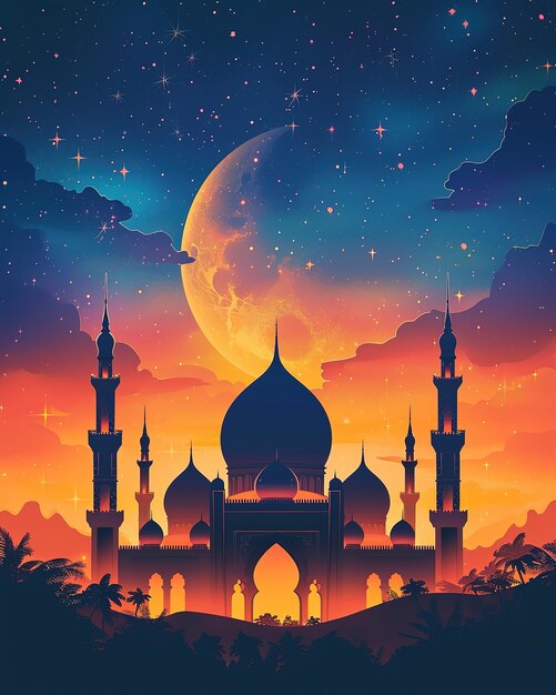 Illustratie van Ramadan Kareem achtergrond met moskee en volle maan