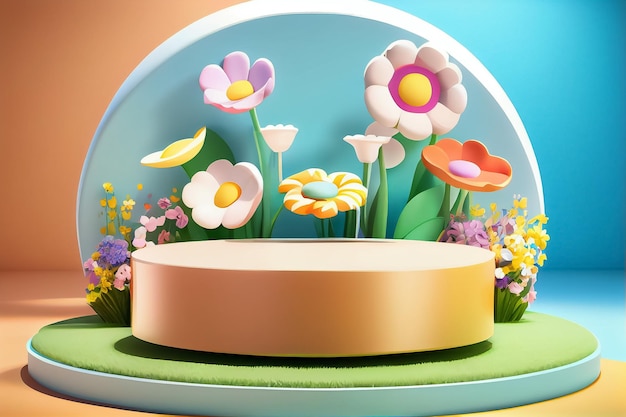 Illustratie van rond podium en bloemen in felle kleuren AI