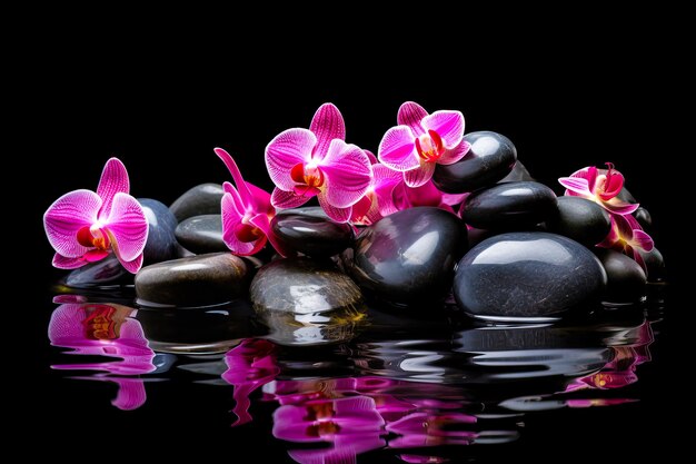 Illustratie van roze orchideeën op stenen met reflectieruimte voor tekst Spa-concept generatieve AI