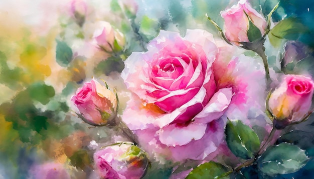 Illustratie van roze rozen in de natuur prachtige bloemen gladde natte olieverf schilderij