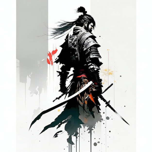 Illustratie van samurai met zwaardschetsstijl Generatieve AI