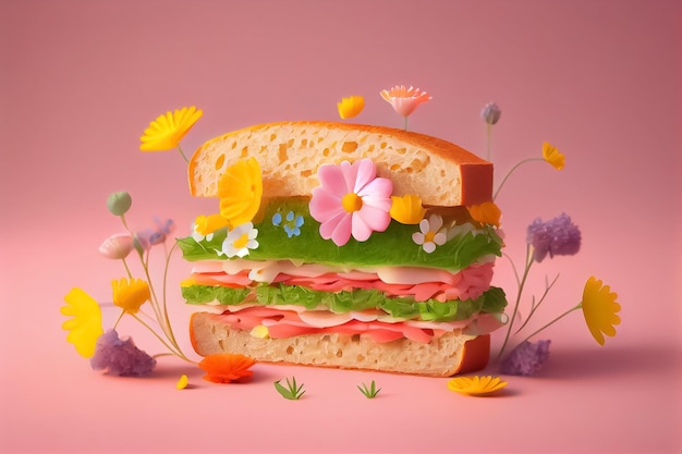 Illustratie van sandwich met lentebloemen AI