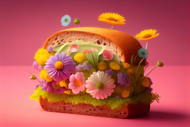 Illustratie van sandwich met lentebloemen AI